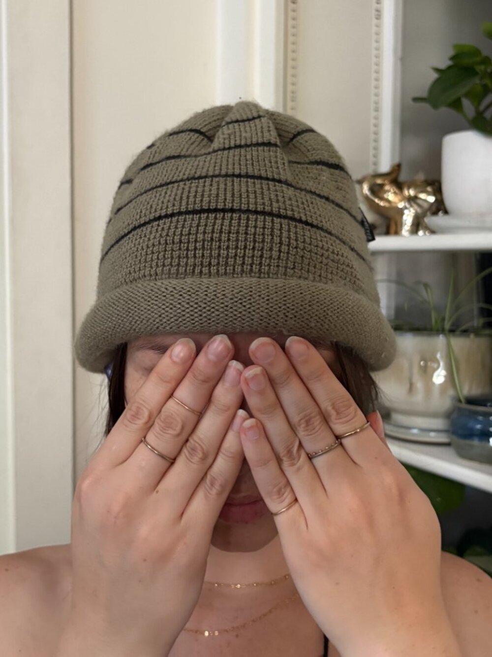 Olive Green Striped Beanie